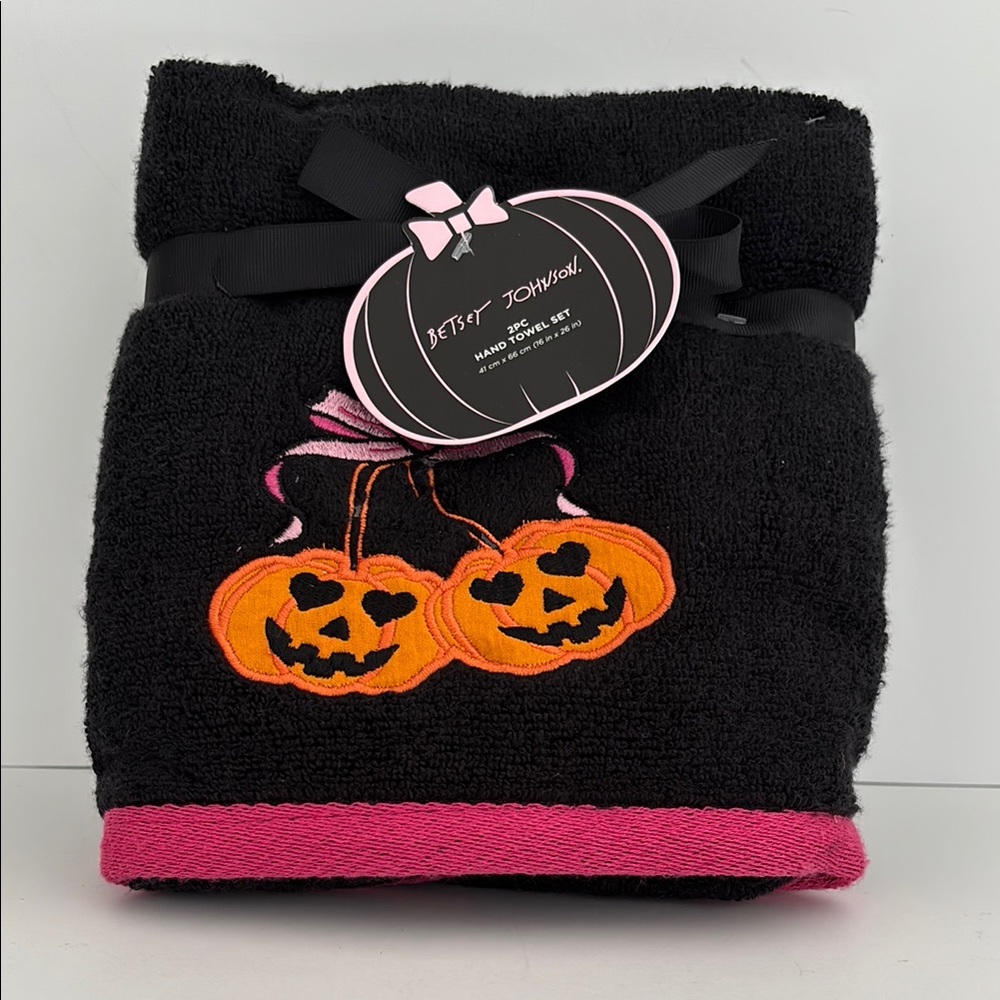 Betsey Johnson Black and Pink Hand Towel Set with Pumpkin Design